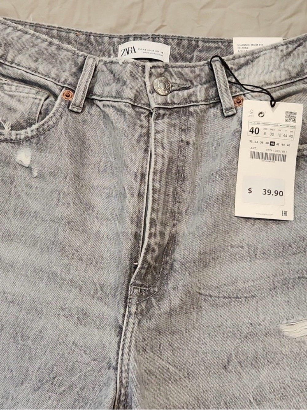 Zara High Rise Denim Classic Mom Fit Ankle Length jeans in gray